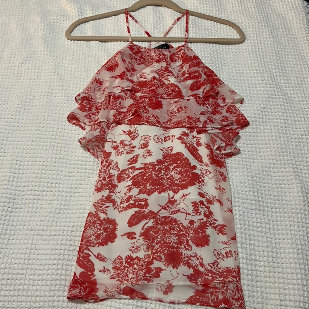 Red and white T-back blouse